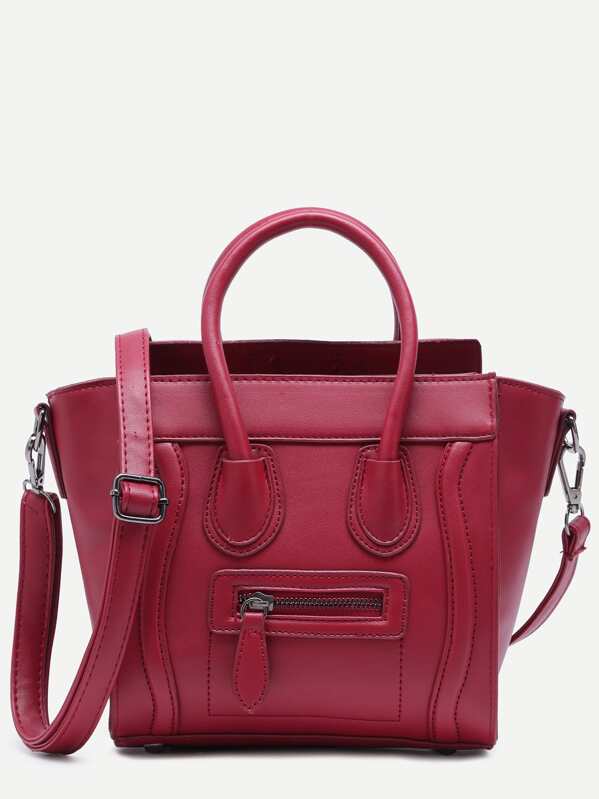 

Red Zip Trim Faux Leather Handbag With Strap