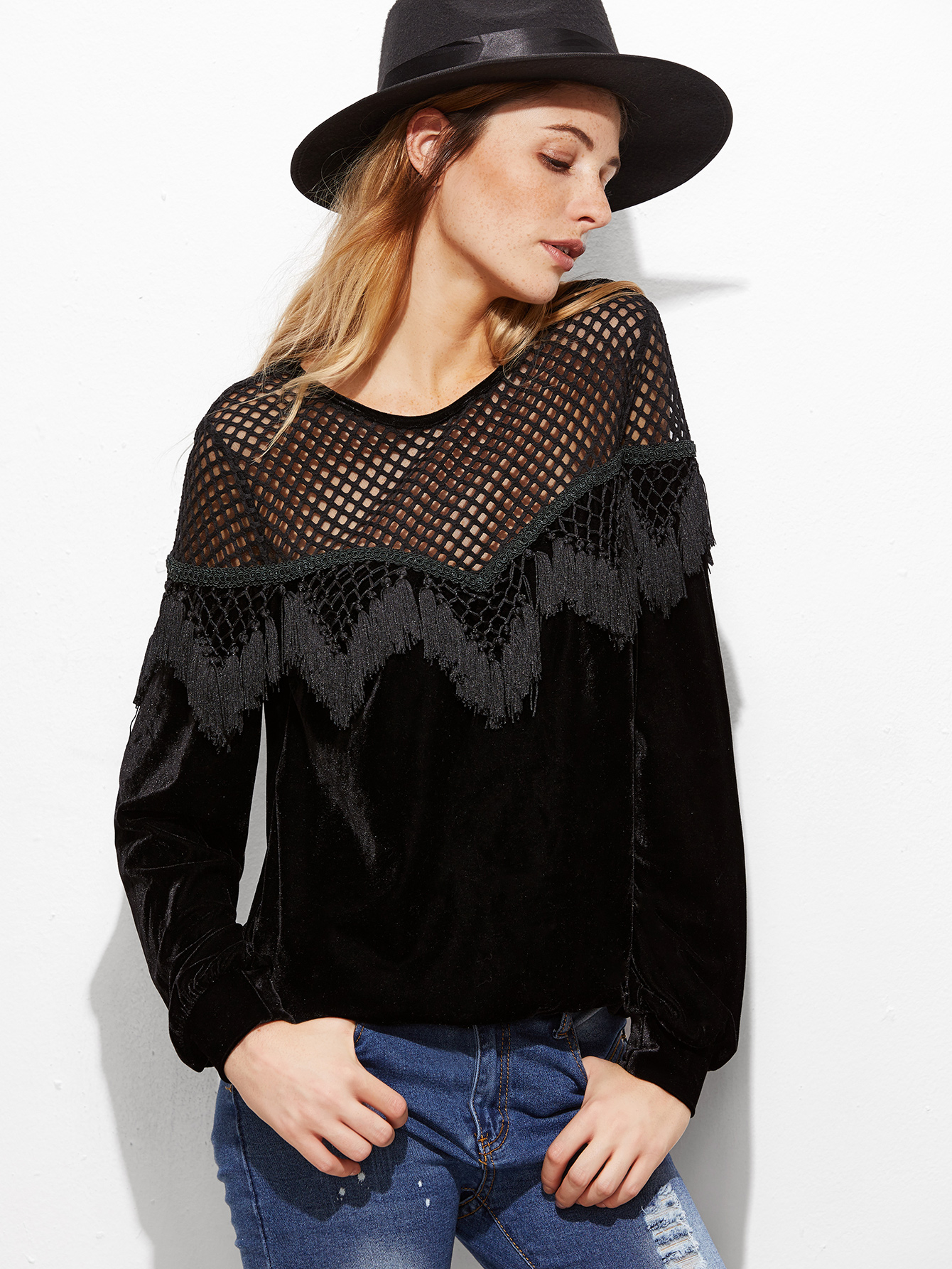 Black Hollow Out Shoulder Marcrame Fringe Trim Velvet Sweatshirt