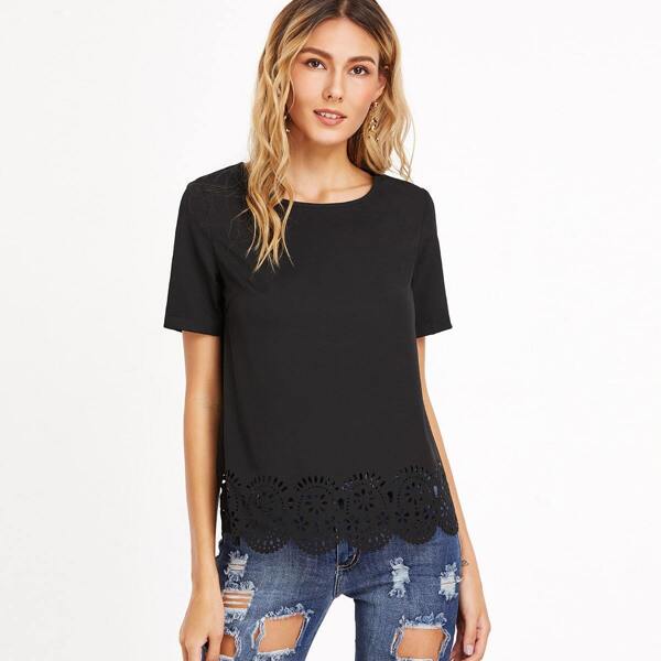 

Laser Cutout Scallop Hem Top, Black