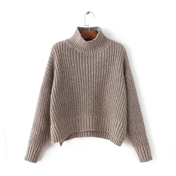 

Mock Neck Drop Shoulder Dip Hem Sweater, Brown