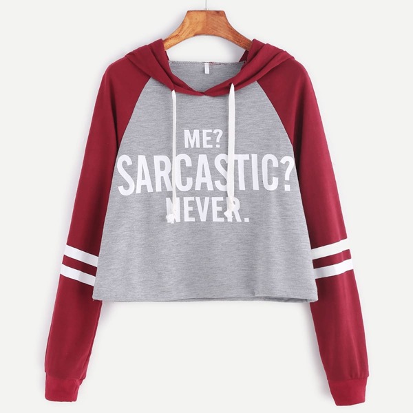 

Contrast Raglan Sleeve Hooded Slogan Print Crop Sweatshirt, Multicolor