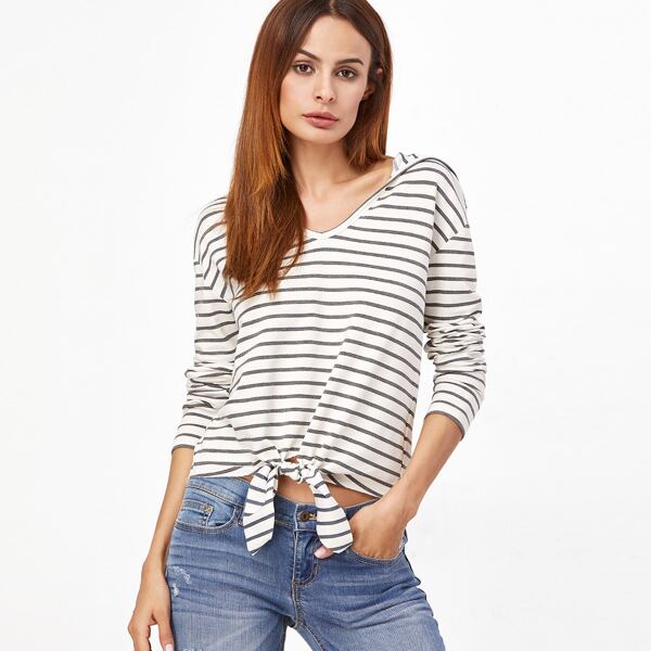 

Striped Knot Front Hooded Tee, Grey white