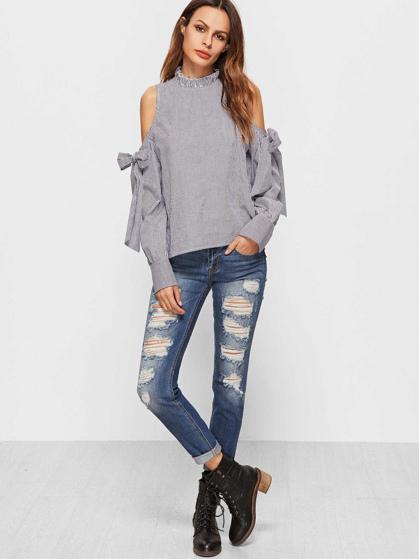 Black Vertical Striped Ruffle Collar Cold Shoulder Blouse