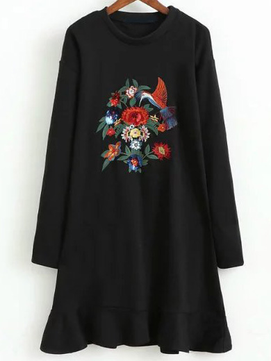 Black Floral Embroidery Ruffle Hem Dress