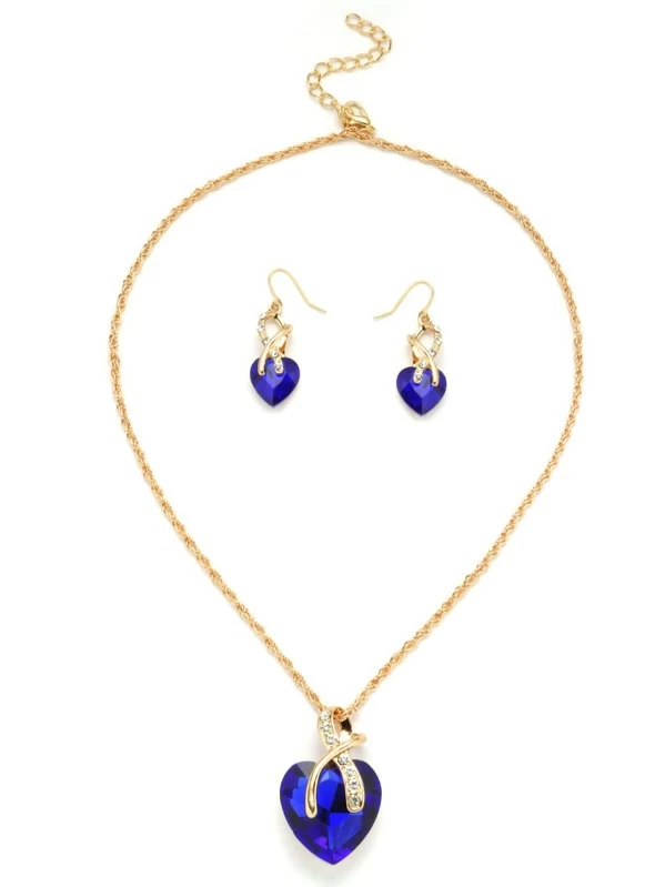 Gold Tone Heart Shape Royal Blue Gem Link Necklace Set Shein In
