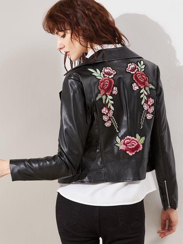 Black Faux Leather Embroidered Rose Applique Biker Jacket Shein Black Faux Leather Embroidered Rose Applique Biker Jacket Shein Sheinside