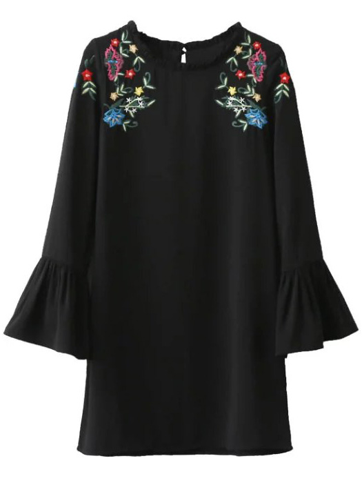 Black Floral Embroidery Ruffle Detail Bell Sleeve Dress