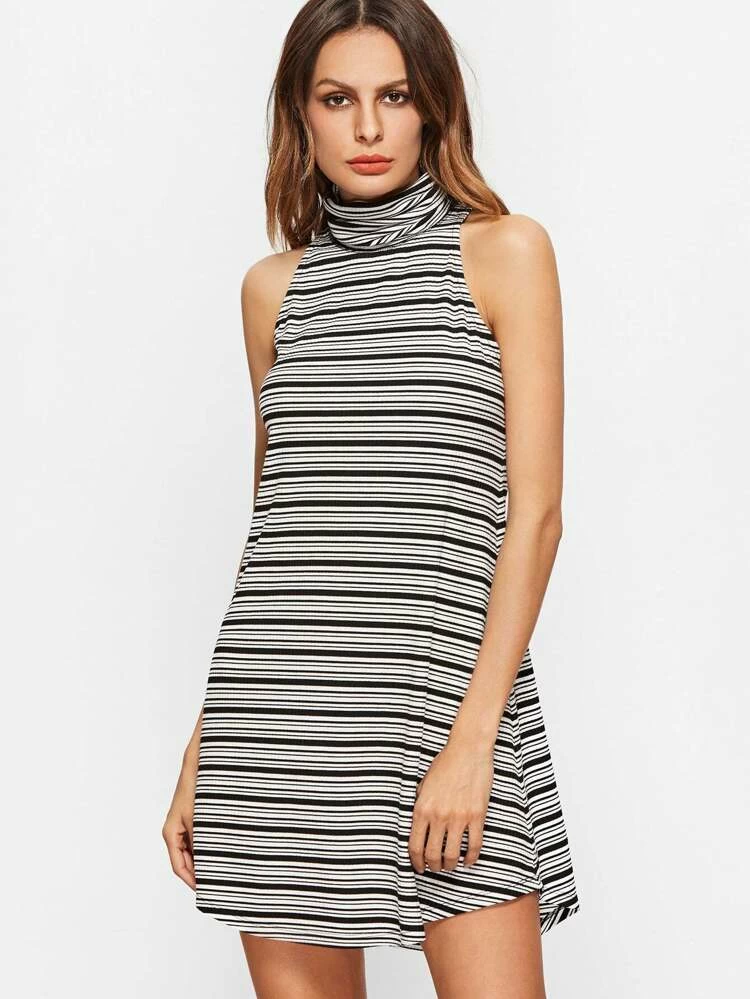 black and white striped turtleneck dress