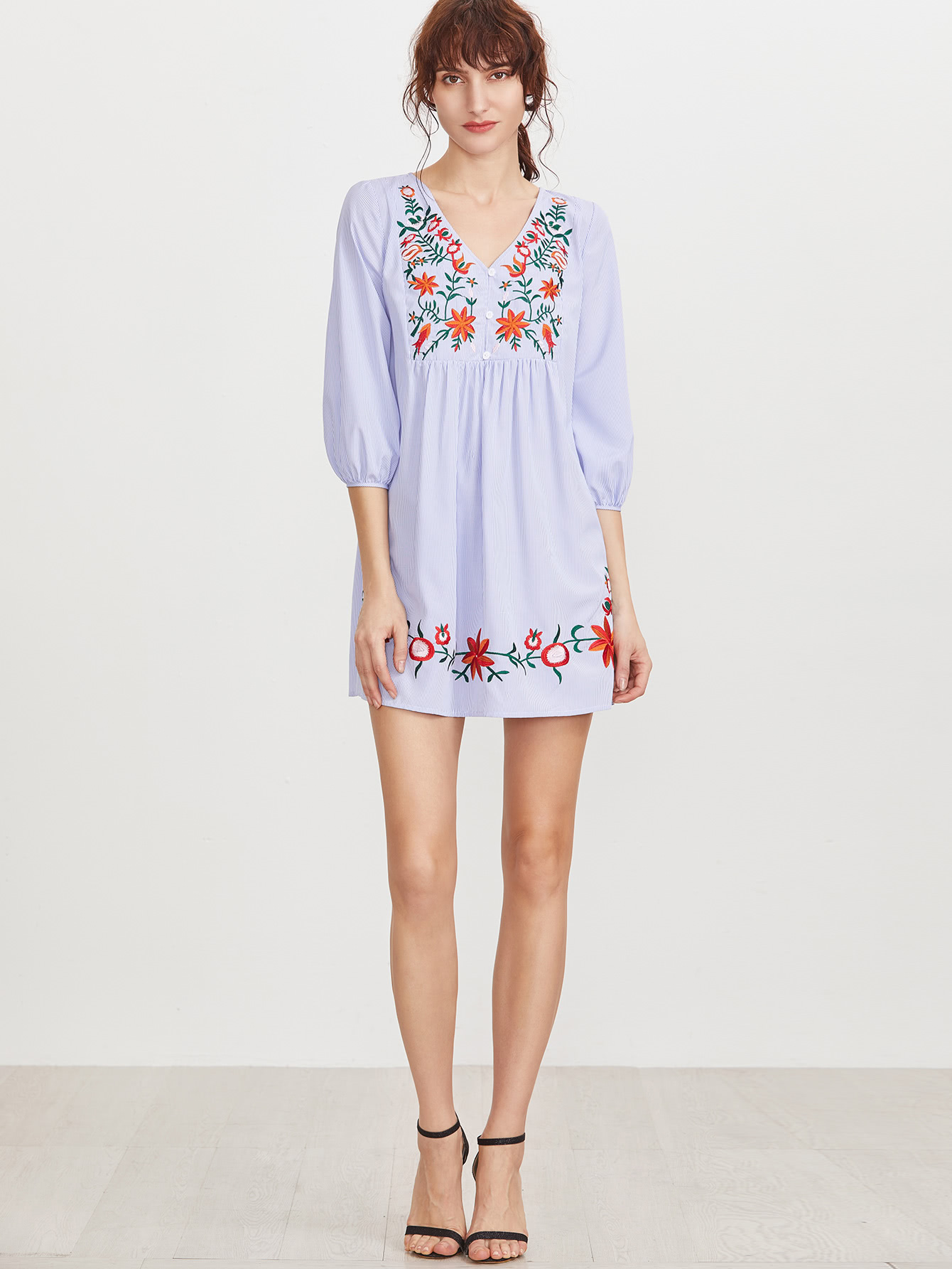 striped button front lantern sleeve embroidered dress striped button front lantern sleeve embroidered dress