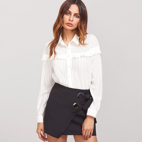 

Frill Trim Button Up Striped Shirt, White