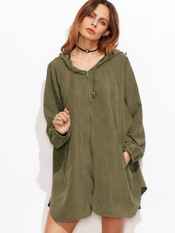 Manche Olive Raglan Vert Manteau À Zippé Devant Capuche SVqMpGUz
