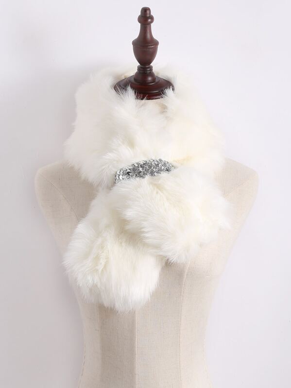 White Fur Stole >> Silver Sequin Tie Up White Faux Fur Stole White Fur Stole >> Silver Sequin Tie Up White Faux Fur Stole