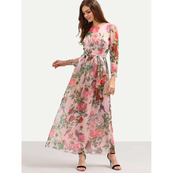 

Self-Tie Rose Print Long Sleeve Chiffon Dress - Pink, Multicolor