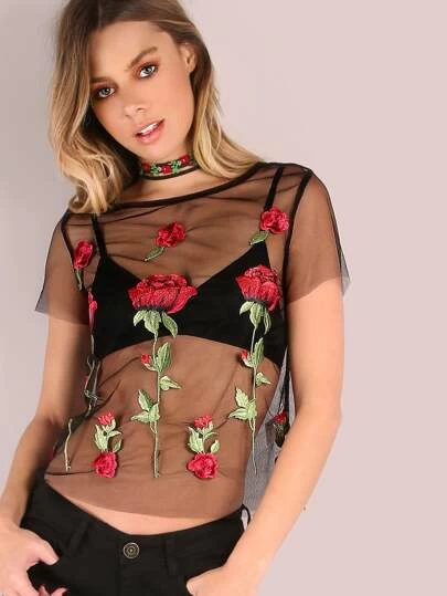 rose embroidered mesh top