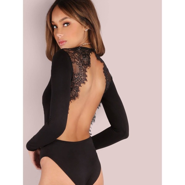 

Backless Lace Applique Bodysuit, Black
