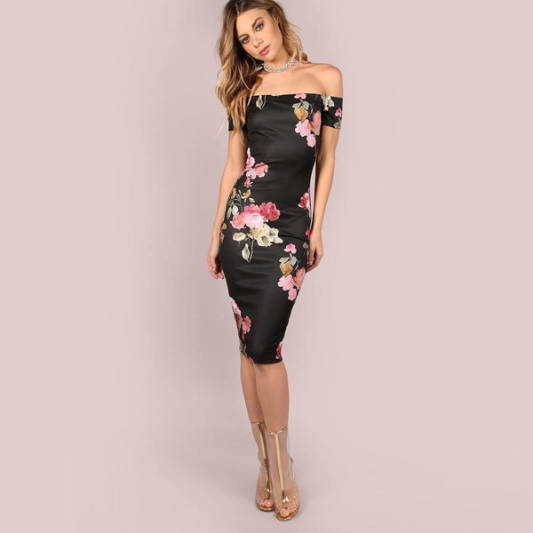 

Off Shoulder Floral Bodycon Midi Dress, Black