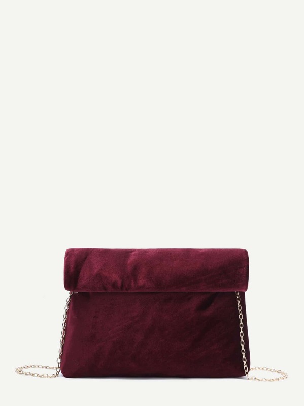 Burgundy Foldover Velvet Clutch Bag With Chain