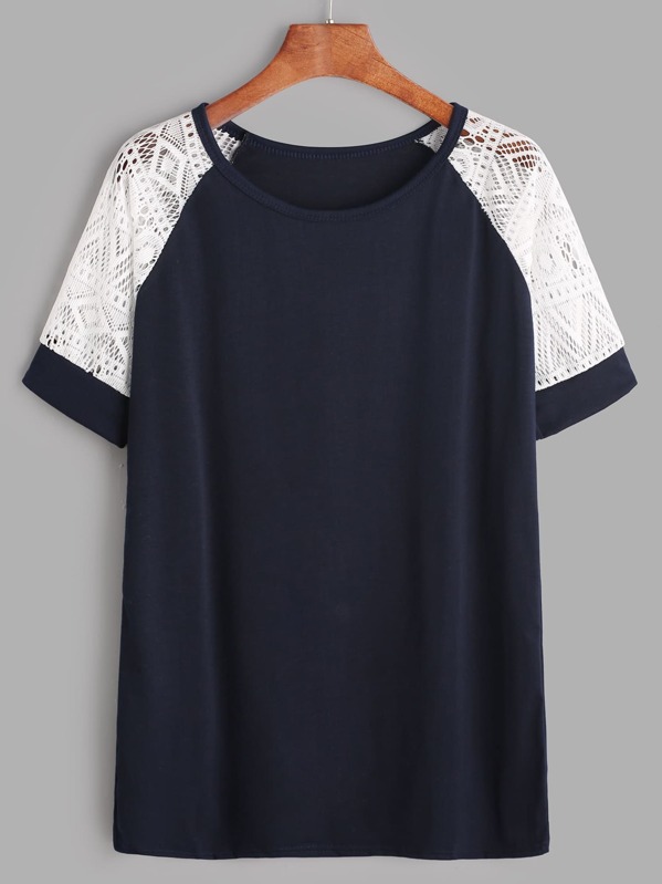 

Contrast Lace Raglan Sleeve Tee, Navy