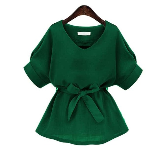 

V Neck Self Tie Waist Blouse, Green