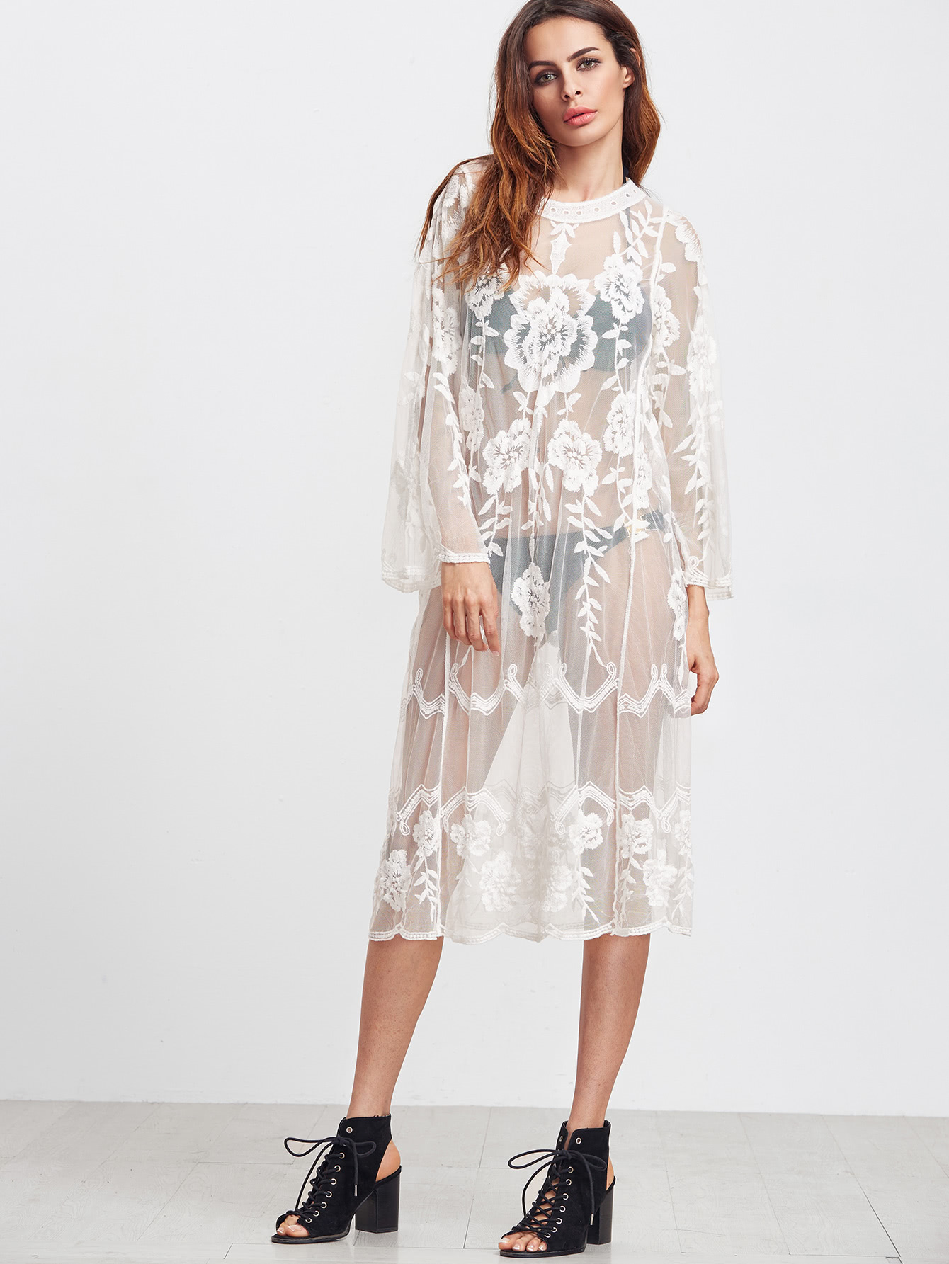 White Long Sleeve Sheer Embroidered Mesh Dress