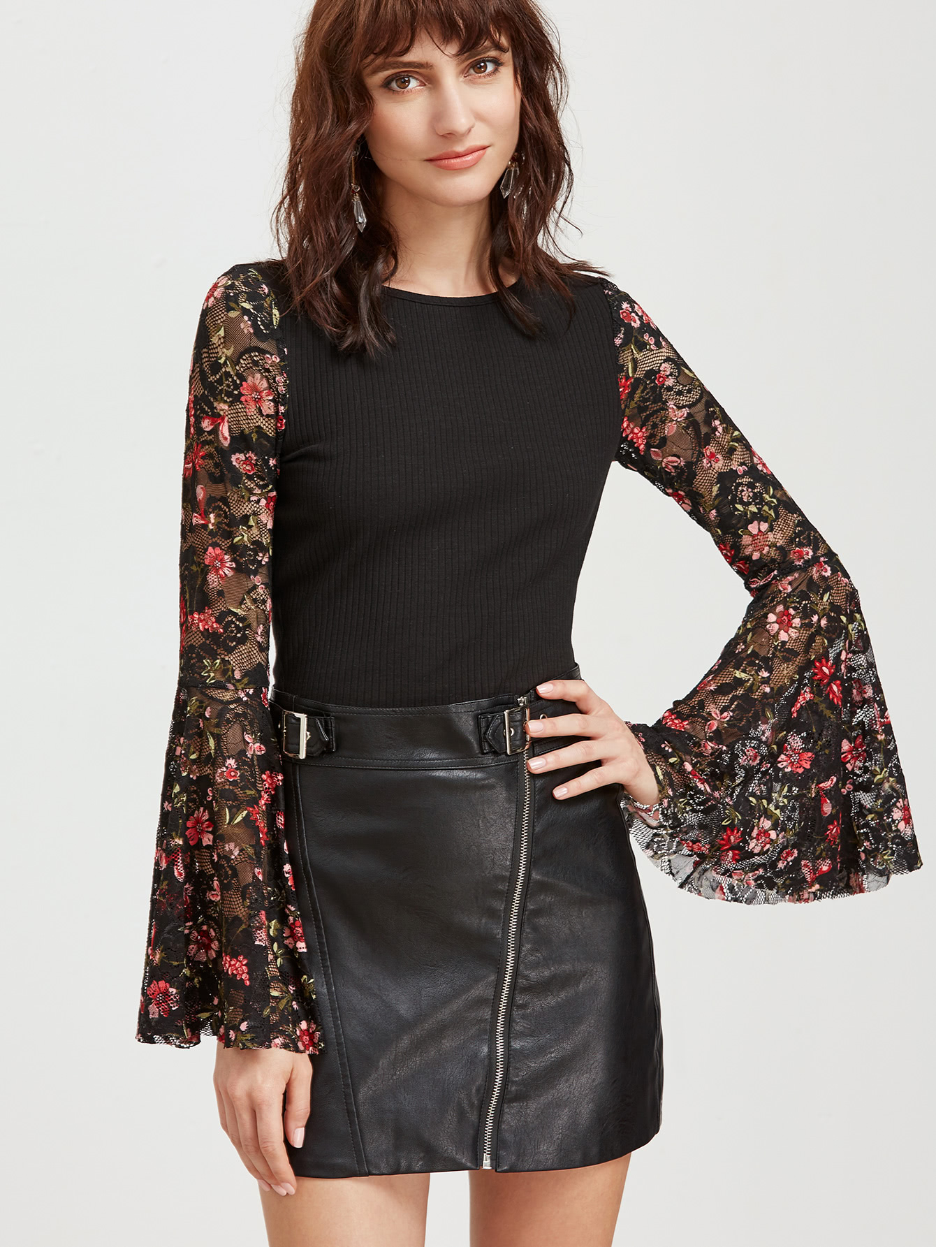 Black Floral Lace Bell Sleeve Ribbed Top