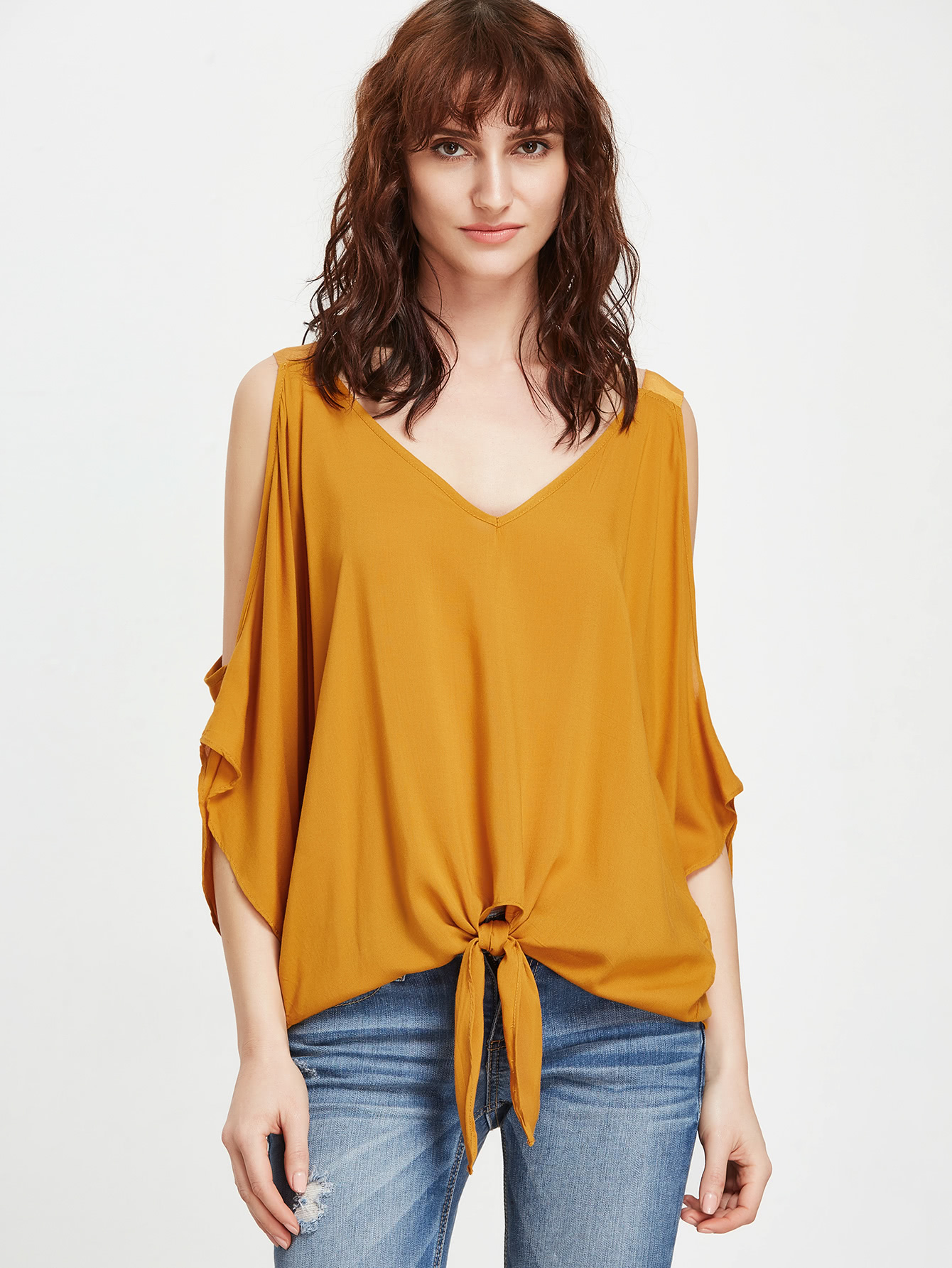 Mustard Open Shoulder V Neck Knot Front Blouse -SheIn(Sheinside)