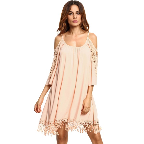

Apricot Open Shoulder Crochet Lace Sleeve Tassel Dress, Beige