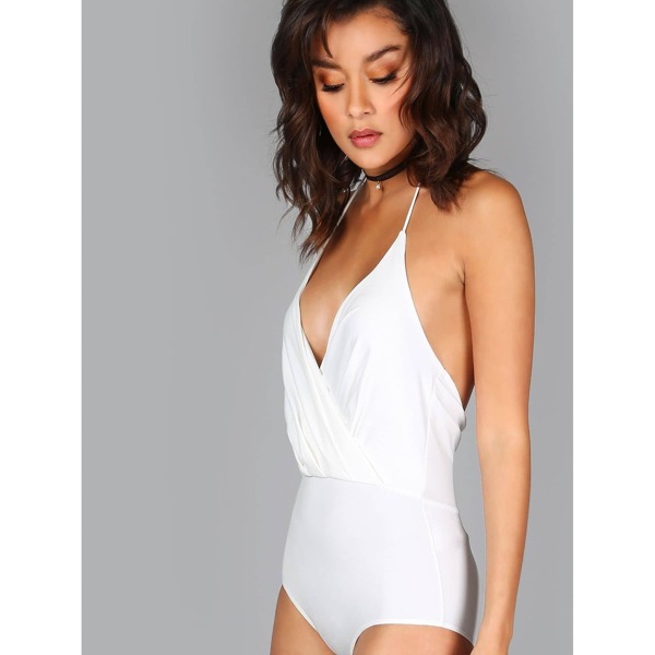 

Halter Neck Surplice Bodysuit, White