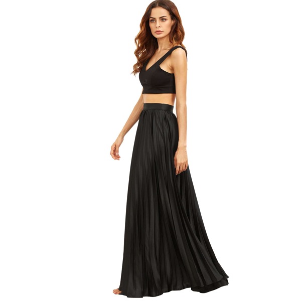 

Черная Молния сбоку плиссе Flare Maxi Юбка, Чёрный