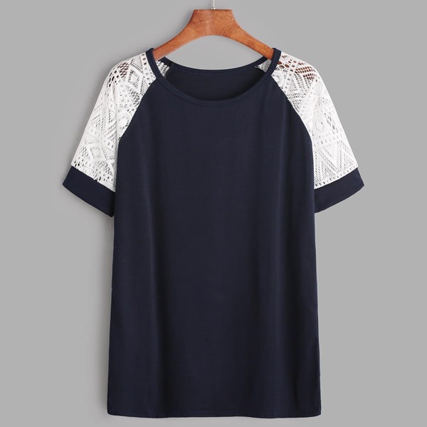 

Contrast Lace Raglan Sleeve Tee, Navy