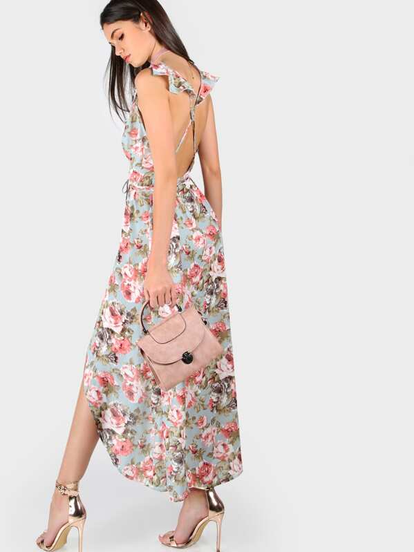 

Rose Print Cross Back High Split Plunge Dress, Multicolor, Sohni