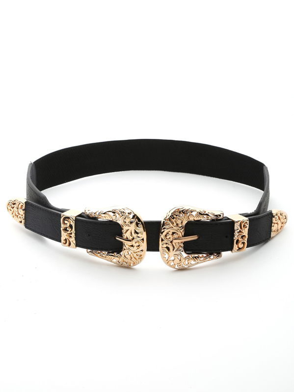 

Gold Hollow Out Trim Double Buckle Belt, Black