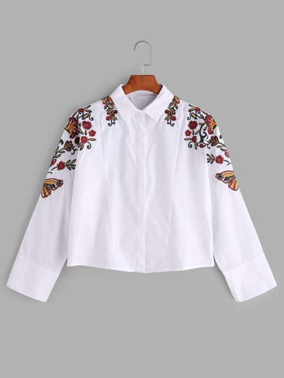 Chemise brodée des fleurs blanche | SHEIN France