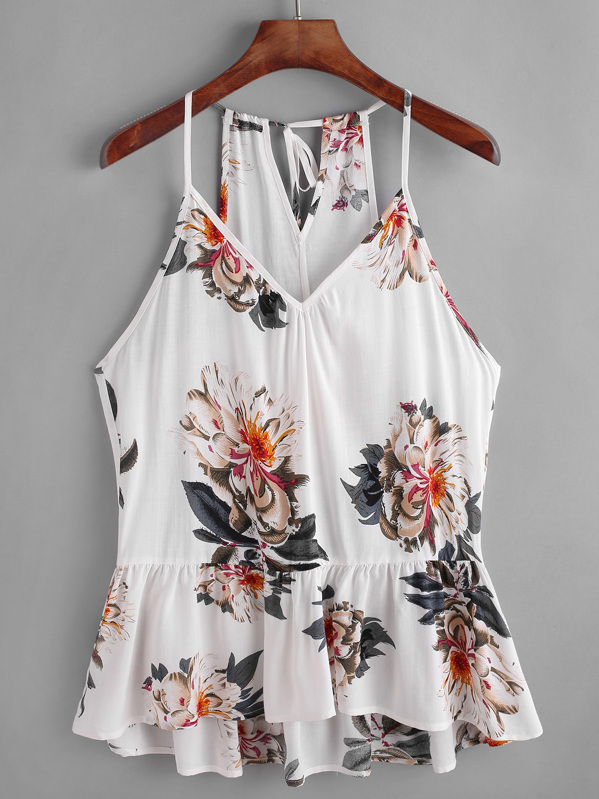 

Flower Print Keyhole Self Tie Back Peplum Cami Top, Multicolor
