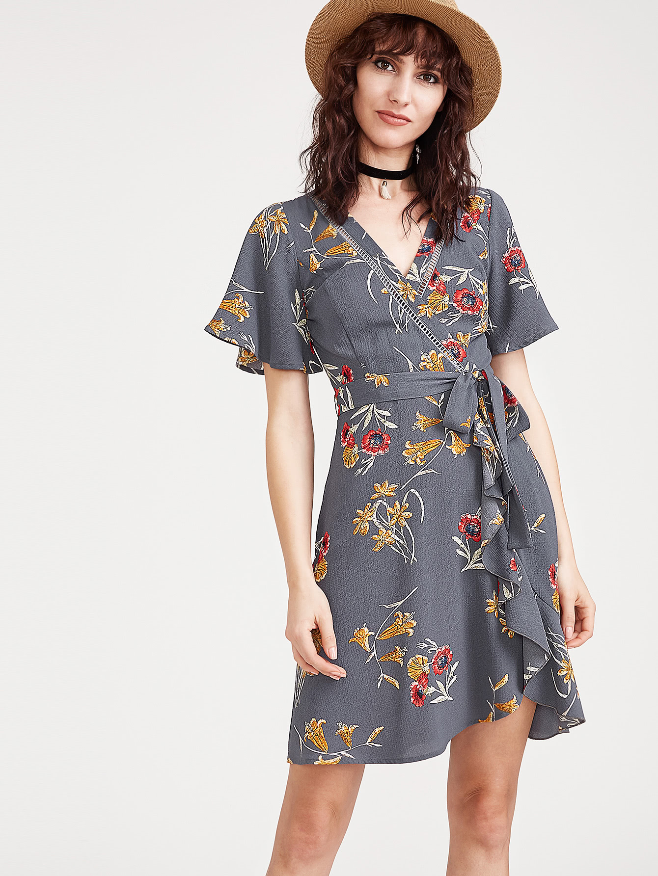 Botanical Print Flutter Sleeve Surplice Obi Tie Dress