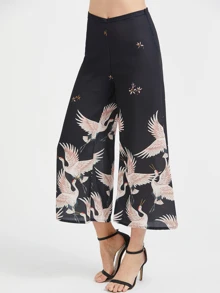 Pantaloni con fondo ampio con stampa di crane, nero