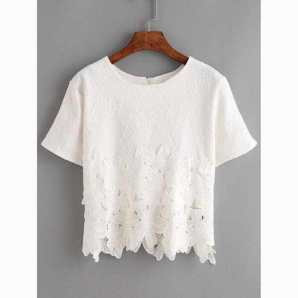 

Lace Insert Jacquard Zip Back Blouse, White