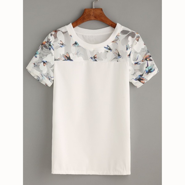 

Bird Print Mesh Yoke Top, White