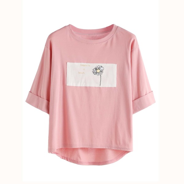 

Rolled Sleeve Daisy Patch High Low T-shirt, Coral pink