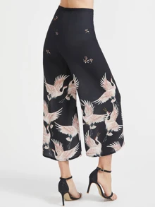Pantaloni con fondo ampio con stampa di crane, nero