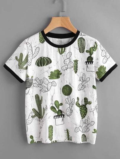 Camiseta con estampado de cactus y mármol Spanish SHEIN Camiseta con estampado de cactus Spanish SheIn(Sheinside