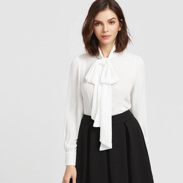 

Tie Neck Curved Hem Blouse, White