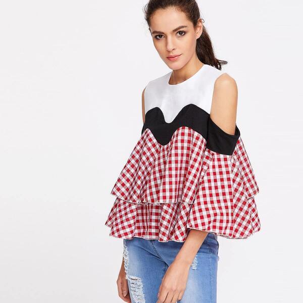 

Contrast Gingham Plaid Open Shoulder Ruffle Tiered Top