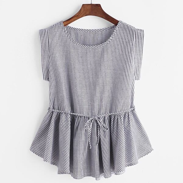 

Pinstripes Frill Hem Belt Top, Multicolor