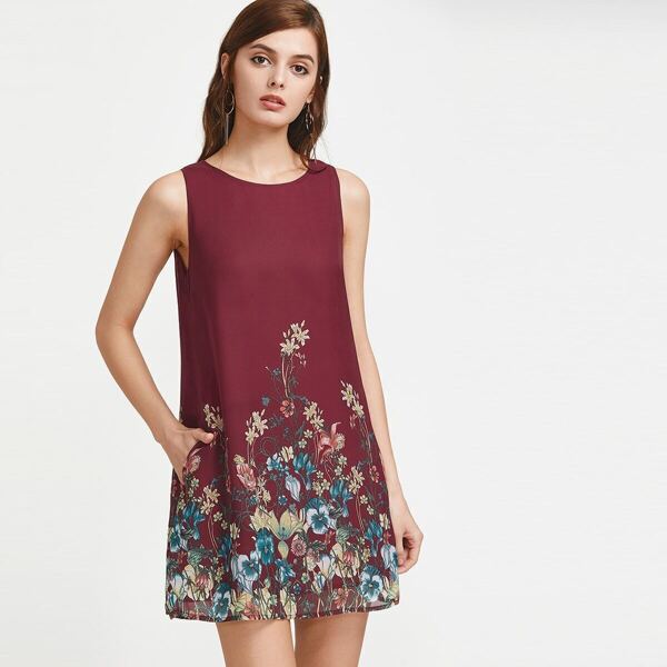 

Botanical Print Buttoned Keyhole Back Side Pocket Dress, Multicolor