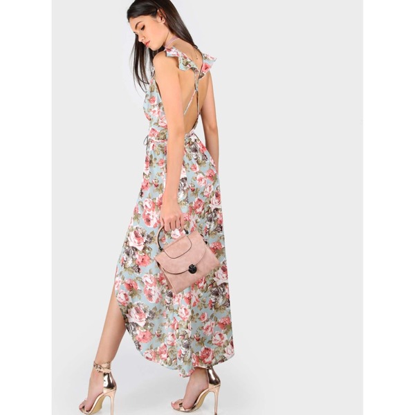 

Rose Print Cross Back High Split Plunging Dress, Multicolor