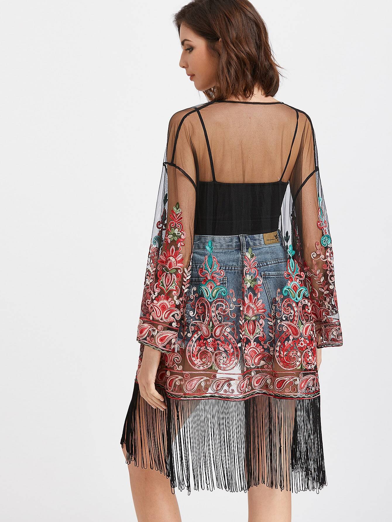 Fringe Trim Paisley Embroidered Mesh Kimono SheIn(Sheinside)
