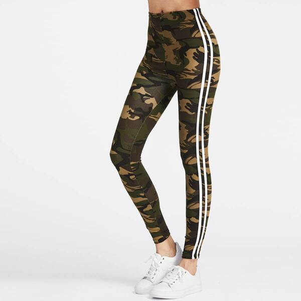 

Camo Print Striped Side Leggings, Multicolor