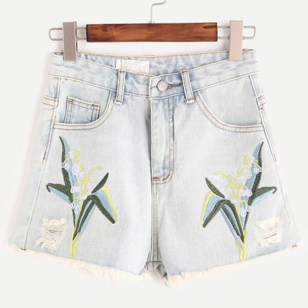 

Light Blue Flower Embroidered Raw Hem Denim Shorts