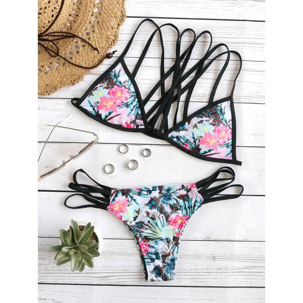 

Contrast Trim Floral Print Strappy Bikini Set